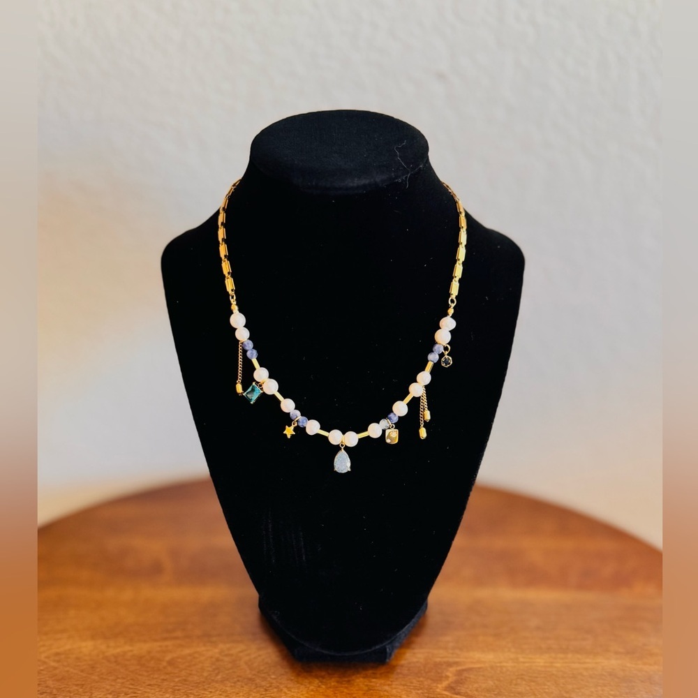Gold and White Pearl Necklace with Blue Accents - Picture 3 of 5